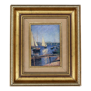 Vintage French Oil Painting on Canvas — Impressionist Style Harbor Scene With Sailboats, 20th Century