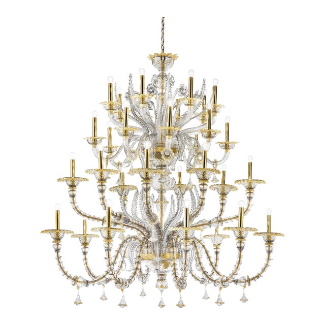 Elegant Huge Ca’ Rezzonico Murano Glass Chandelier With Gold Accents and Leaves For Sale
