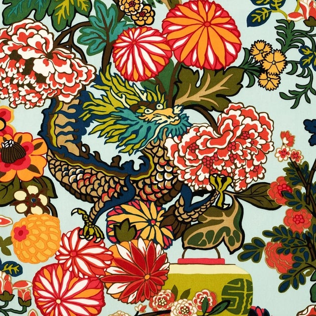 Sample - Schumacher Chiang Mai Dragon Velvet Fabric in Aquamarine For Sale