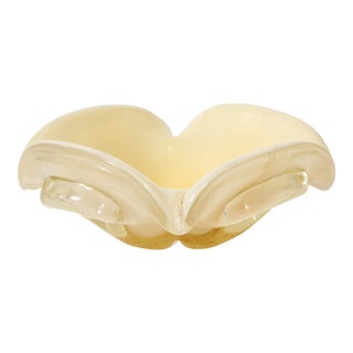Mid-Century Modernist Hand Blown Glass Bowl in Pearl White and Gold For Sale