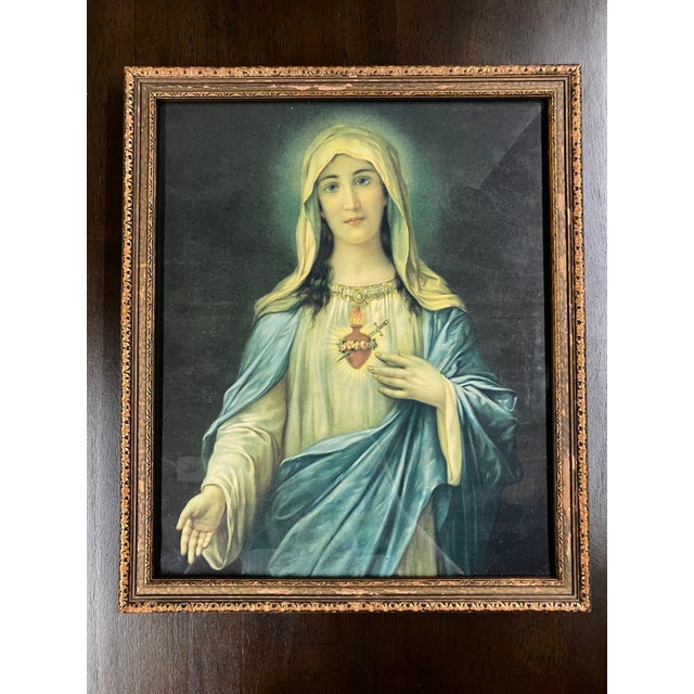 Portraiture Pair of Rare Antique Religious Framed Prints of the Sacred Heart of Jesus and the Immaculate Heart of Mary For Sale - Image 3 of 18