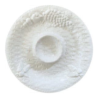 Mid 20th Century Loucarte Portugal White Majolica Ceramic Basketweave Serving Platter With Dip Bowl For Sale