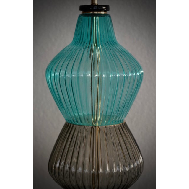 Blue Mid-Century Round Aqua Blue and Smoky Murano Art Glass and Brass Table Lamp, 2000 For Sale - Image 8 of 10