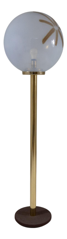 Floor Lamp with Embossed Metal Base, Brass Stem and Blown Glass Diffuser, 1970s