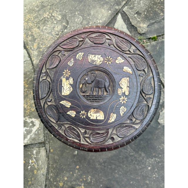Antique Anglo-Indian Hand-Carved Elephant Side Table With Bone Inlay For Sale - Image 17 of 18