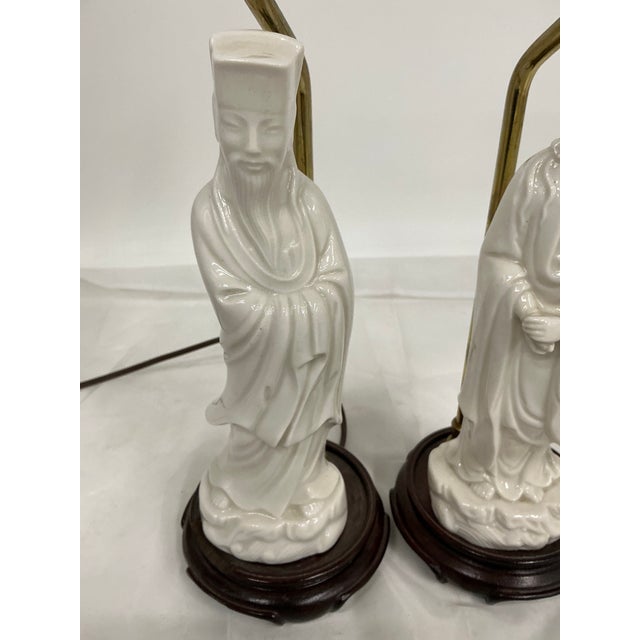 Ceramic Pair of Asian Style Vintage Blank De Chine Porcelain Figural Lamps For Sale - Image 7 of 12