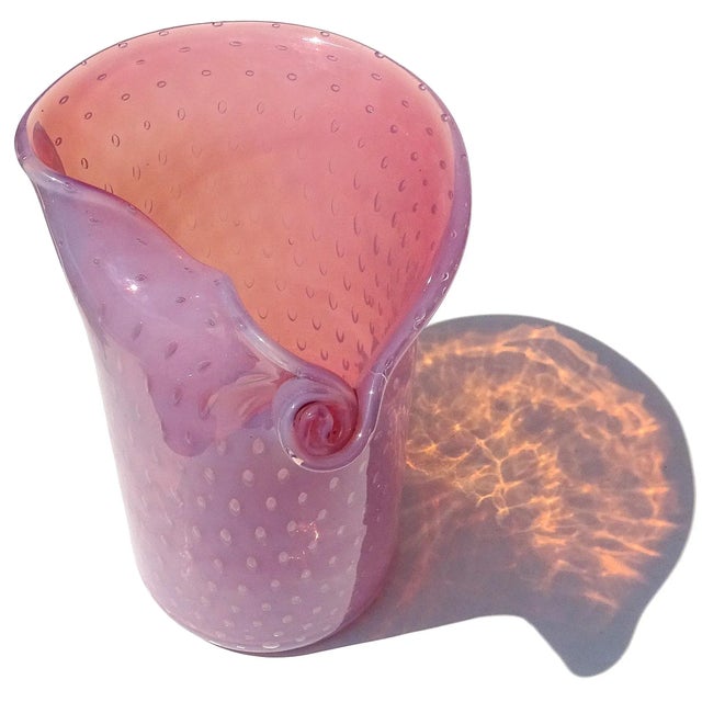 Glass Murano Fratelli Toso Opalescent Pink Bubbles Vintage Italian Art Glass Scroll Top Flower Vase With Label For Sale - Image 7 of 12