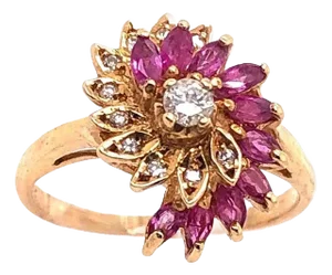 14 Karat Yellow Gold Ruby and Diamond Swirl Ring