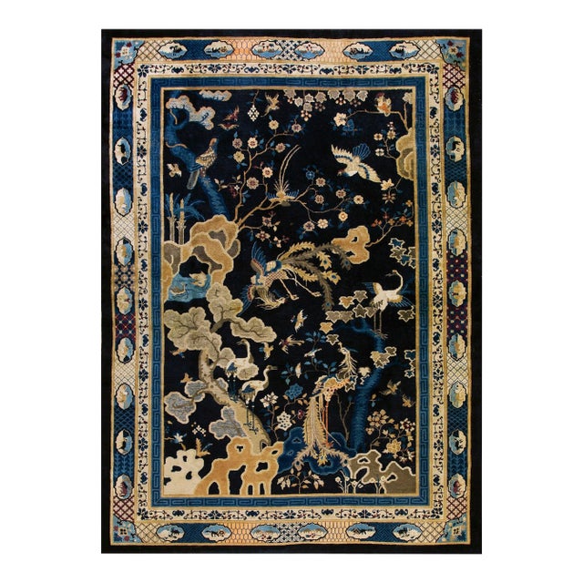 Fascinate Navy Background With Original Sprays Flowers and Animals Antique Chinese Peking Rug For Sale