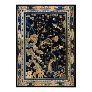 Fascinate Navy Background With Original Sprays Flowers and Animals Antique Chinese Peking Rug