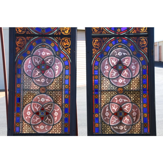 Antique Victorian Gothic Hand-Painted Stained Glass Windows in Wood Frames, Circa 1900 – Pair For Sale - Image 12 of 18