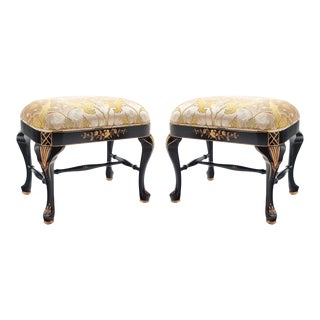 Mid-Century Velvet Upholstered Japanned Walnut Stools, a Pair For Sale