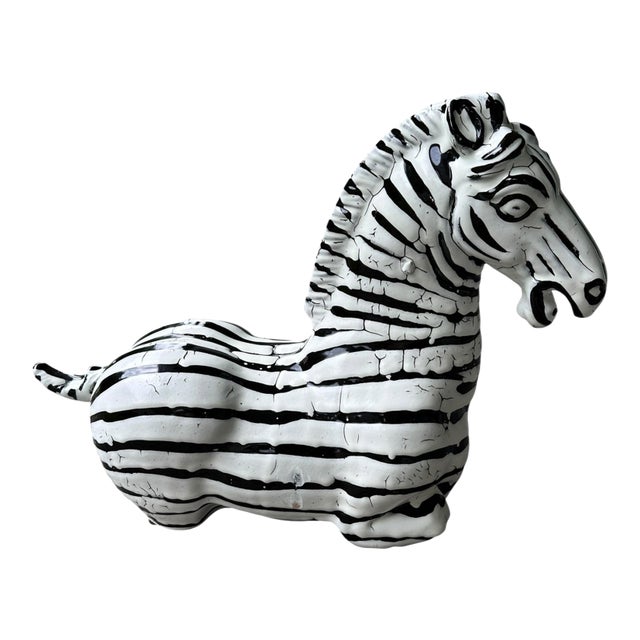 Vintage Large Black & White Zebra Sculpture Figure | Hand-Painted Crackle Glaze Ceramic Art | Hollywood Regency Safari Decor For Sale