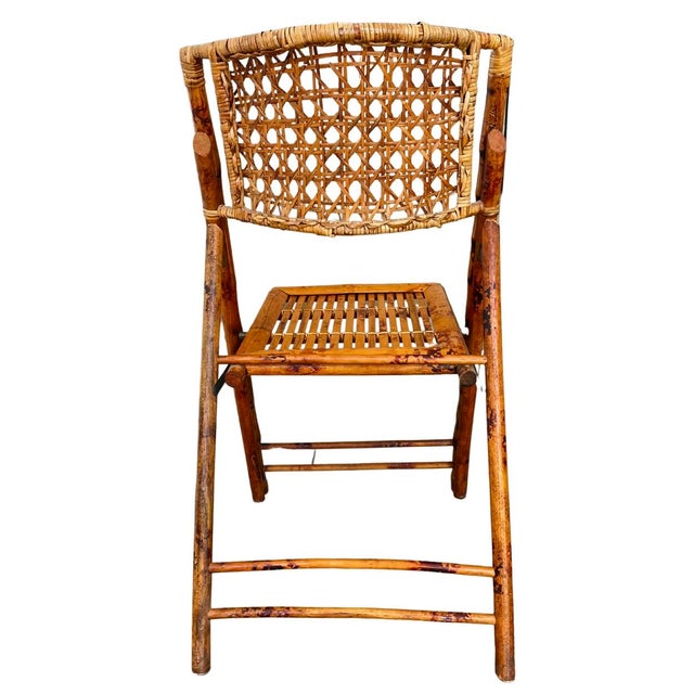 1970s Vintage Burned Bamboo Bistro Set With Folding Chairs - Set of 3 For Sale - Image 4 of 12
