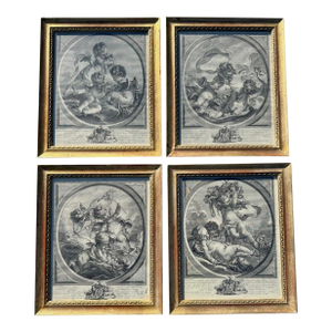 Set of Four Framed “Putti” Etchings After François Bouche, Four Elements