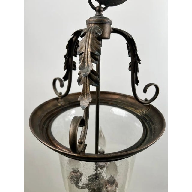 French Regency Style Bell Jar Pendant With Seeded Glass and Acanthus Leaf Bronze For Sale - Image 4 of 13