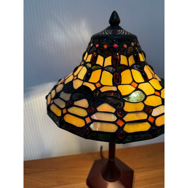 Brown Stained Glass Tiffany Inspired Table Lamp For Sale - Image 8 of 12