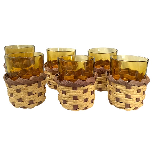 Bunny Williams Home Vintage Amber Glass Pitcher & Six Tumblers With Woven Wicker Sleeves, Set of 7 For Sale - Image 4 of 9