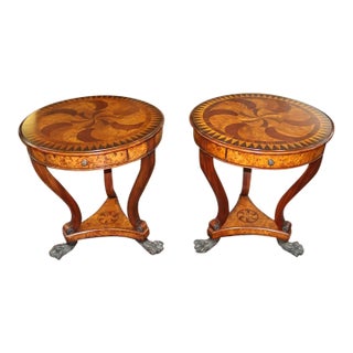 Pair of Theodore Alexander Burl Inlaid Metal Mount Occasional End Tables For Sale