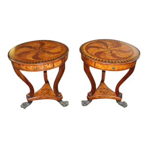 Pair of Theodore Alexander Burl Inlaid Metal Mount Occasional End Tables