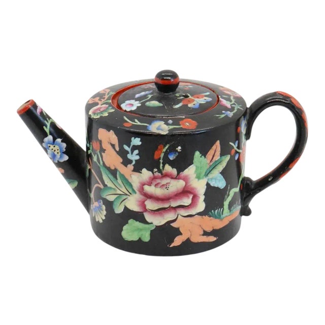 English Attributed to Davenport Earthenware Black Floral Teapot For Sale