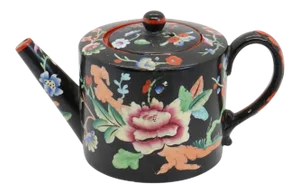 English Attributed to Davenport Earthenware Black Floral Teapot