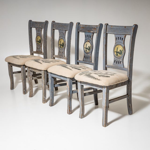 Vintage Gray Side Chairs with City Views, 1890s, Set of 4 For Sale - Image 9 of 9