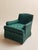These armchairs feature a classic, tailored silhouette upholstered in a rich emerald green moiré style fabric with subtle...