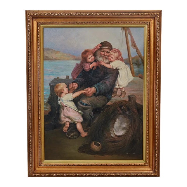 Late 20th Century Large "Which Do You Love Best?" Style Oil Painting in Giltwood Frame For Sale