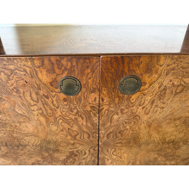 Wood Mid Century Milo Baughman Style Burlwood & Brass Bar Cart With Glass Top For Sale - Image 7 of 12