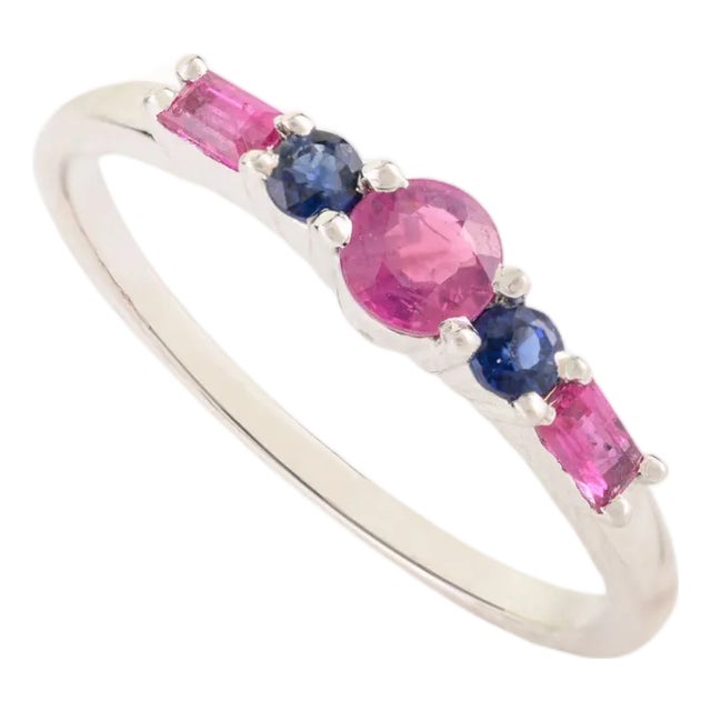 14k White Gold Ruby & Sapphire Five Stone Stackable Band Ring Size 4 For Sale