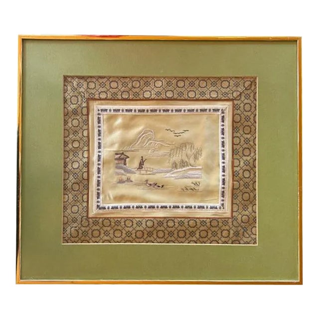 Antique Japanese Framed Embroidered Scene of Traditional Garden Life For Sale