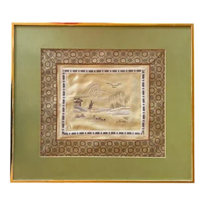 Antique Japanese Framed Embroidered Scene of Traditional Garden Life