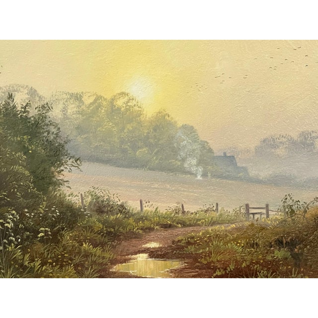 Gold Country Lane to Farmhouse & Birds in English Countryside by 20th Century Artist Circa 1990 For Sale - Image 8 of 18