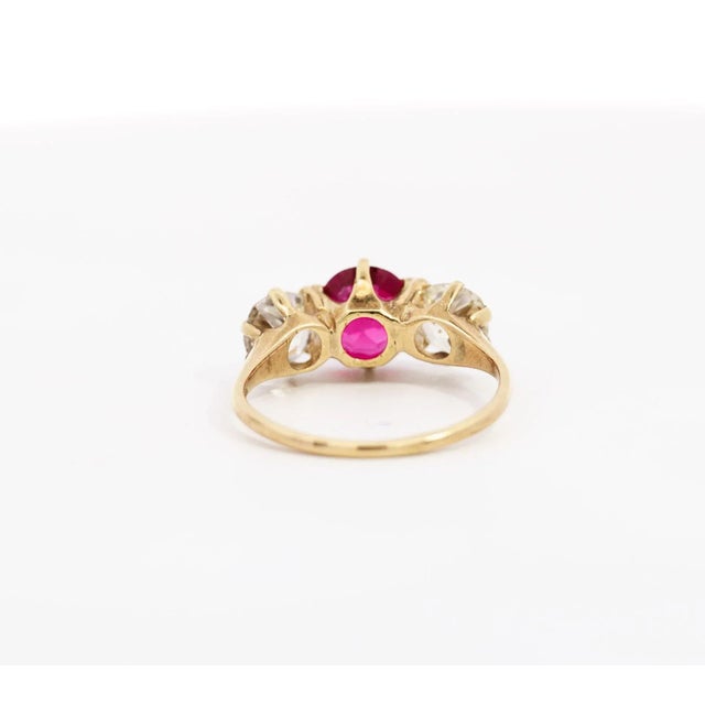 Red Antique Red Spinel and Old Mine Diamond 14k Yellow Gold Three-Stone Ring Size 5.5 For Sale - Image 8 of 10
