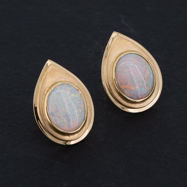 1960s 1960s Mid Century Vintage Australian Opal Stud Earrings 14k Gold, A Pair For Sale - Image 5 of 6