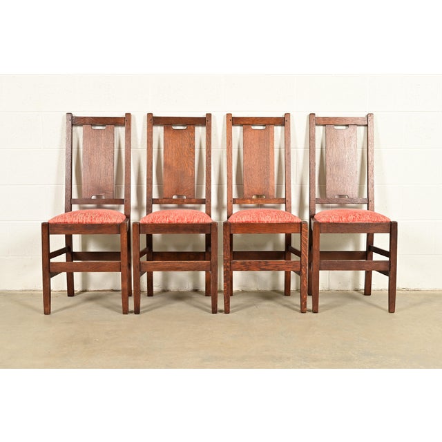 A rare set of four Mission or Arts & Crafts period H-back dining chairs By Gustav Stickley USA, Circa 1912 Gorgeous...