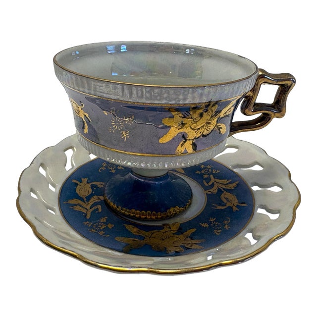 Antique Art Nouveau Teacup & Pierced Saucer, Cobalt Blue Gilt Porcelain, Iridescent Opaline Glaze, European C. 1900. Harrach Moser School Style For Sale