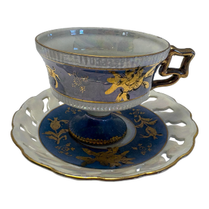 Antique Art Nouveau Teacup & Pierced Saucer, Cobalt Blue Gilt Porcelain, Iridescent Opaline Glaze, European C. 1900. Harrach Moser School Style