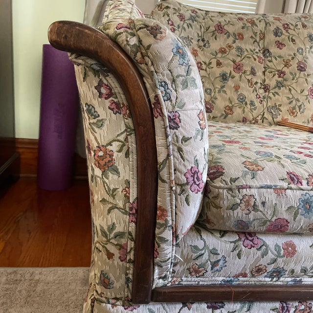 Vintage Traditional Floral Sofa With Exposed Wood Frame – Reupholstered For Sale - Image 11 of 12
