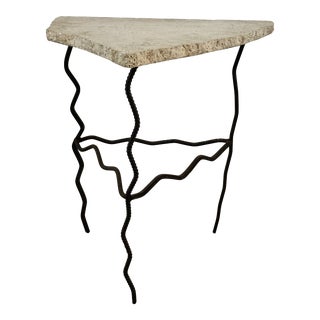 Custom Travertine Side Table With Iron Base For Sale
