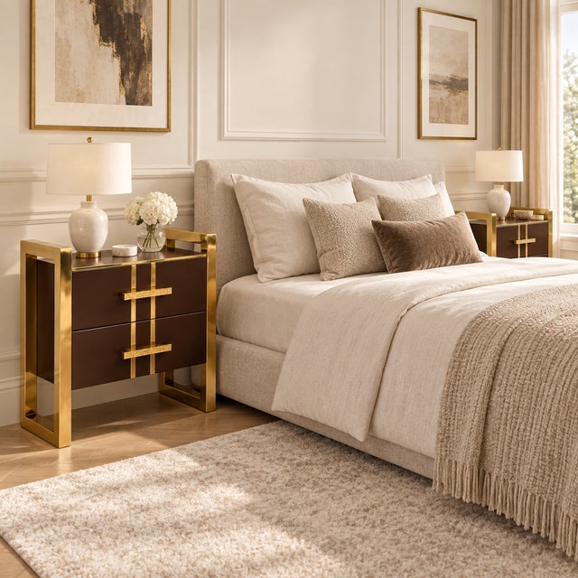 Brown Chocolate Brown Glass Bedside Cabinets with Brass Frames from Justfurnituress SRL, Set of 2 For Sale - Image 8 of 10