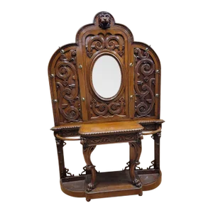 Antique Quarter Sawn Oak Carved Ornate Figural Hall Tree
