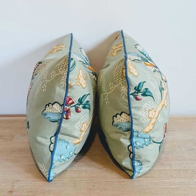 Transitional Brunschwig & Fils Fabriano Lumbar Pillows in Jade With Blue Cord For Sale - Image 3 of 7