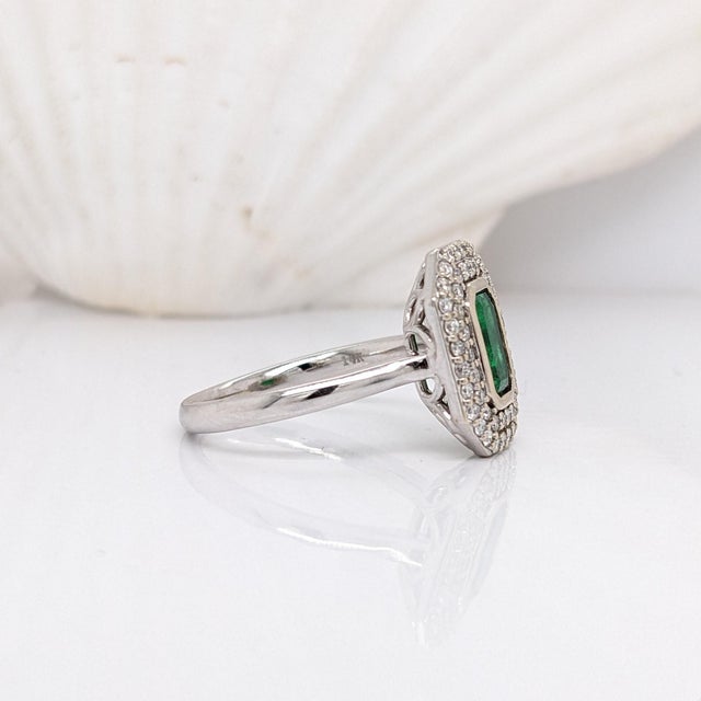 Metal Emerald Cut Zambian Emerald Diamond Double Halo Ring: Solid 14k Gold, 7x4mm, Size 6.75 For Sale - Image 7 of 9