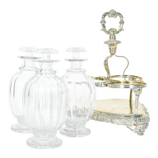 Old English Sheffield Silver Plated Decanter Bottles & Caddy - Set of 4 For Sale