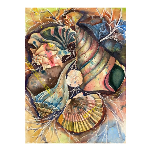 1960s Large Sea Shell Still Life Watercolor For Sale