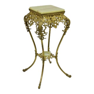 Antique Victorian Onyx Ornate Gilt Brass Plant Stand Pedestal Side Table For Sale