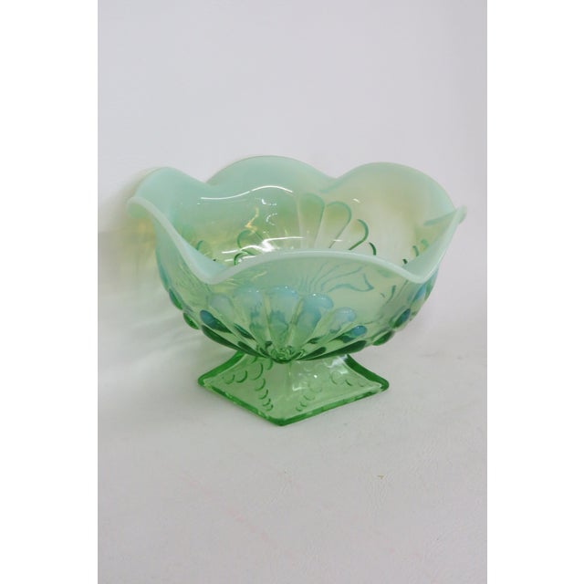 Jefferson Glass Beaded Fan Style Green Opalescent Candy Dish Compote Bowl 4567b For Sale - Image 4 of 18