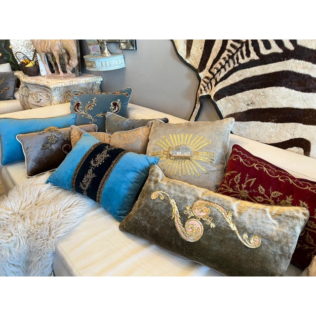 Early 19th Century Pillow Turquoise Velvet With Handmade Gold Embroidery For Sale In West Palm - Image 6 of 7